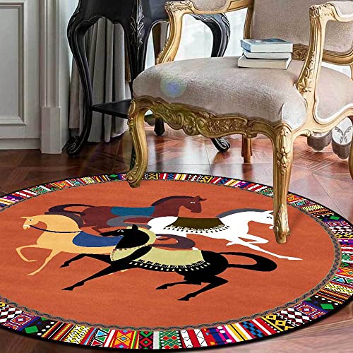 Vqbawmloㅤ Runder Großer Teppich Kurzflorteppich Waschbarer Wohnzimmer rutschfest Teppich Schlafzimmer für Spielzimmer Leichtes, luxuriöses Pferd im Ethno-Stil in Orange, ∅200 cm von Vqbawmloㅤ