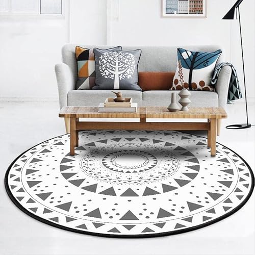 Vqbawmloㅤ Runder Kurzflor Designer Teppich Schlafzimmer rutschfeste Teppiche Dekorative Teppiche für das Wohnzimmer Pflegeleicht Abstrakte graue und weiße Blumen im ethnischen Stil, ∅120 cm von Vqbawmloㅤ
