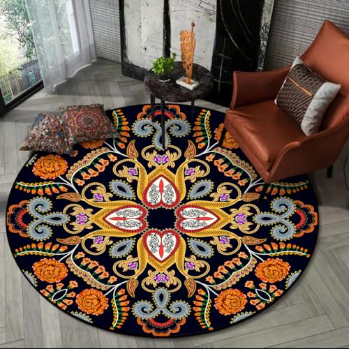 Vqbawmloㅤ Runder Kurzflor Designer Teppich Schlafzimmer rutschfeste Teppiche Dekorative Teppiche für das Wohnzimmer Pflegeleicht Ethnische Mode-Retro-Blumen, ∅ 120 cm von Vqbawmloㅤ