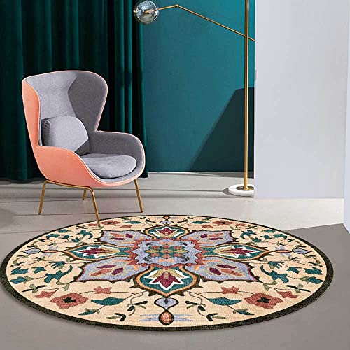 Vqbawmloㅤ Runder Kurzflor Designer Teppich Schlafzimmer rutschfeste Teppiche Dekorative Teppiche für das Wohnzimmer Pflegeleicht Grüne Blumen im ethnischen Stil, ∅120 cm von Vqbawmloㅤ