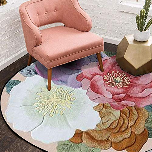Vqbawmloㅤ Runder Kurzflor Designer Teppich Schlafzimmer rutschfeste Teppiche Dekorative Teppiche für das Wohnzimmer Pflegeleicht Mehrfarbige Blumen im ethnischen Stil, ∅ 120 cm von Vqbawmloㅤ