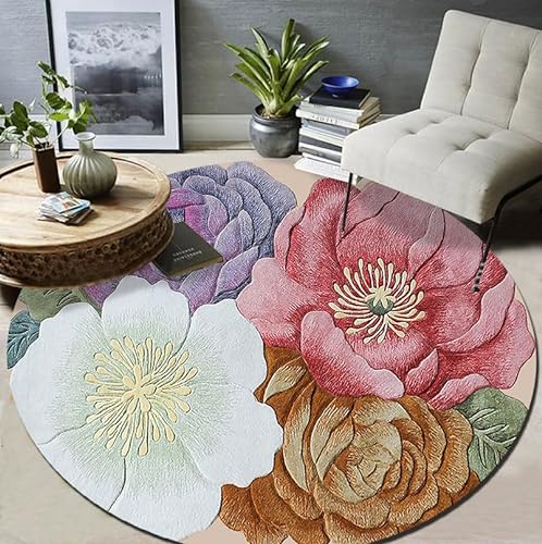 Vqbawmloㅤ Runder Schlafzimmer Teppich Wohnzimmer Kurzfloriger Teppich Waschbarer Esszimmer rutschfest Teppich Modische personalisierte Bunte Blumen, ∅150 cm von Vqbawmloㅤ