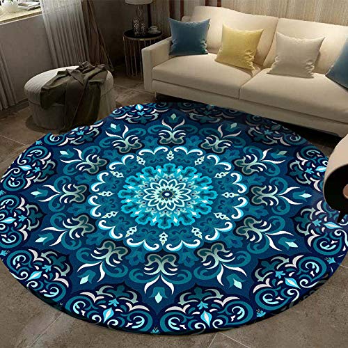 Vqbawmloㅤ Runder Teppich Kurzflor für Wohnzimmer Schlafzimmer Esszimmer Küchen rutschfest Weich Waschbarer Teppich Ethnische Blaue Blumen, ∅ 140 cm von Vqbawmloㅤ