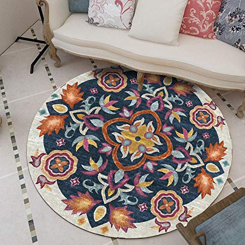 Vqbawmloㅤ Runder Teppich Wohnzimmer, Esszimmer Kurzfloriger Teppich Designer Teppich Pflegeleicht Anti-Rutsch-Rugs Orange-Blaue Blumen im Ethno-Stil, ∅ 70 cm von Vqbawmloㅤ
