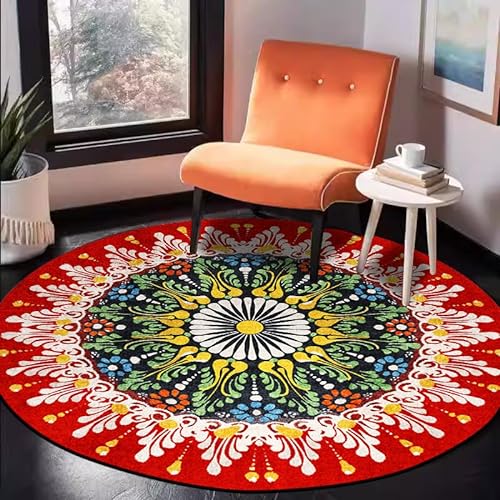 Vqbawmloㅤ Runder Teppich Kurzflor Esszimmer Teppich für Schlafzimmer rutschfest Teppich Dekorative Teppiche für das Wohnzimmer Rote Blumen im ethnischen Stil, ∅80 cm von Vqbawmloㅤ