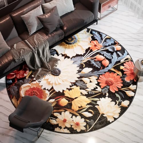 Vqbawmloㅤ Runder Kurzflor Designer Teppich Schlafzimmer rutschfeste Teppiche Dekorative Teppiche für das Wohnzimmer Pflegeleicht Mode Retro grünes Gras und Blumen, ∅120 cm von Vqbawmloㅤ