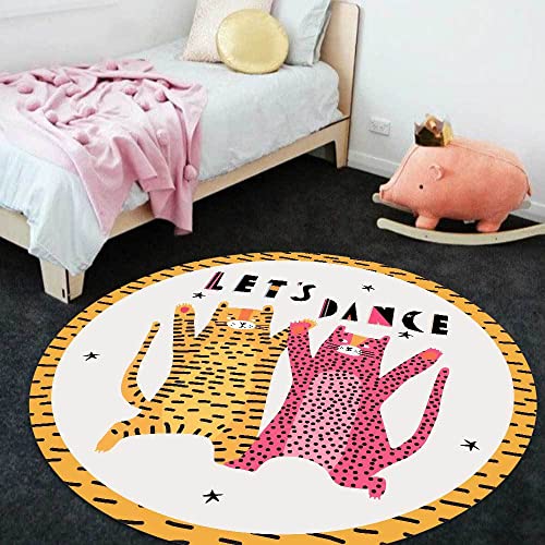 Vqbawmloㅤ Runder Teppich Wohnzimmer, Esszimmer Kurzfloriger Teppich Designer Teppich Pflegeleicht Anti-Rutsch-Rugs Süßer Tanzender Leopard gelb rosa, ∅ 70 cm von Vqbawmloㅤ