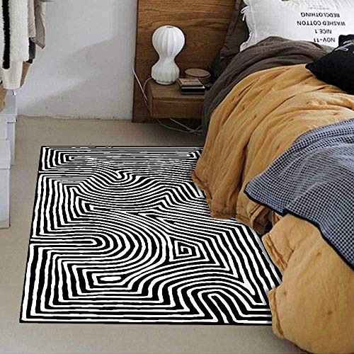 Vqbawmloㅤ Wohnzimmer Kurzflor Teppich Einfache Reinigung Designer Extra Weich Teppich Schlafzimmer Küche Teppich Abstrakte geometrische Kurven in Schwarz und Weiß 180 x 200 cm von Vqbawmloㅤ