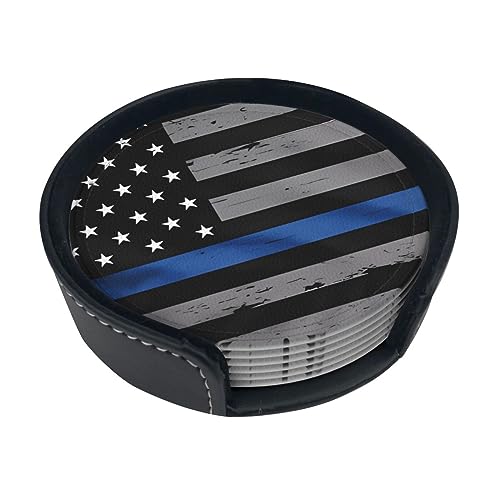 American Thin Blue Line Flag Untersetzer für Getränke, 6 Stück, Leder-Auto-Untersetzer mit Halter, Tassenmatten für Zuhause, Küche, Couchtisch, Einweihungsgeschenk von Vtctoasy