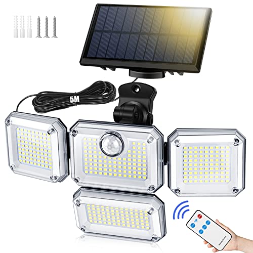 Solarlampen für Außen mit Bewegungsmelder, 333 LED Solarleuchte Outdoor mit Fernbedienung, 3 Modi Solar Strahler Wandleuchte, IP65 Wasserdichte, 5m Kabel, 2400mAh Akku für Garten/Carport/Deck/Terrasse von Vusddy