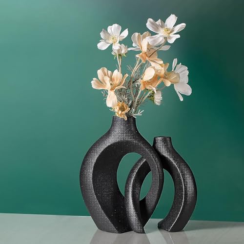 2er-Set Keramik vase schwarz, Moderne Heimdekoration, Kreis, matt, hohl, Donut-Flower Vase für pampasgras, nordischer Boho-Stil Vasen Set, für Hochzeit, schwarz matt Deko -Esstisch, Wohnen (Schwarz) von Vzmiza