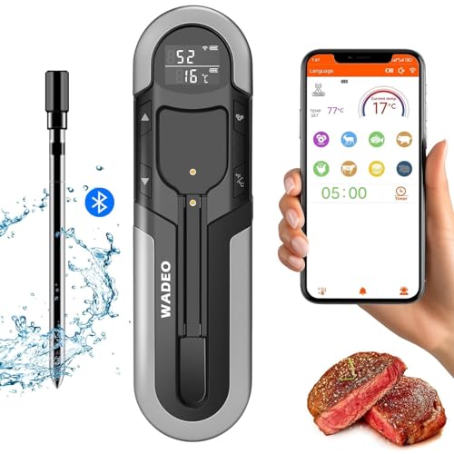 WADEO Fleischthermometer kabellos 152m Bluetooth Grillthermometer mit Temperatursensoren und Doppelalarm, IP66 Meat Thermometer Bratenthermometer für Backofen Grill Smoker Rotisserie Airfryer von WADEO