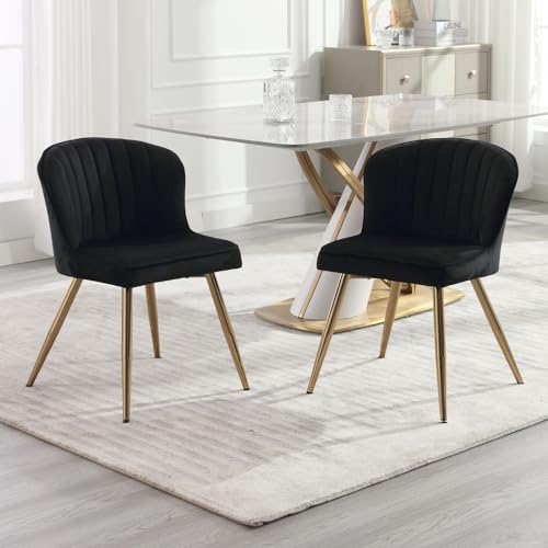 Wahson Samt Esszimmerstühle 2er Set, Moderner Esszimmerstuhl Gebogene Linie Rückenlehne, Küchenstuhl mit goldenem Fuß, Akzentstuhl für Esszimmer/Wohnzimmer,Schwarz von WAHSON OFFICE CHAIRS