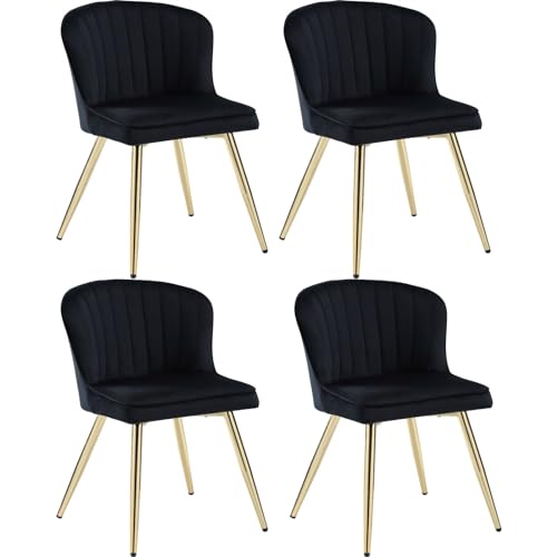 Wahson Samt Esszimmerstühle 4er Set, Moderner Esszimmerstuhl Gebogene Linie Rückenlehne, Küchenstuhl mit goldenem Fuß, Akzentstuhl für Esszimmer/Wohnzimmer,Schwarz von WAHSON OFFICE CHAIRS