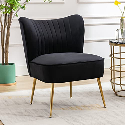 Wahson Samt Sessel Wohnzimmer moderner Loungesessel Geplosterter Ohrensessel mit goldenen Metallbeine für Wohnzimmer/Schlafzimmer, Schwarz von WAHSON OFFICE CHAIRS