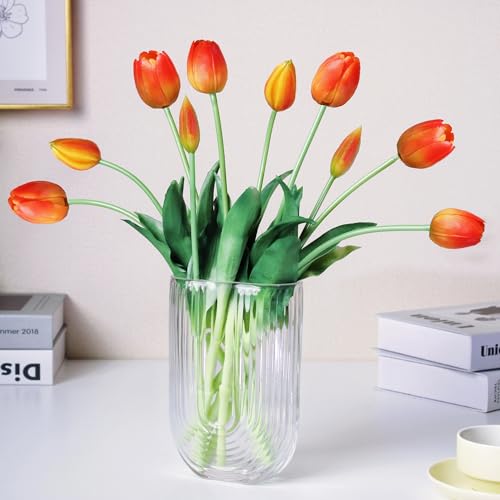 WAKISAKI 40-cm hochwertige tulpen künstlich wie echt kunsttulpen, echte berührung, Flexibler stiel, leicht zu Formende kunstblumen (Ohne Vase), 10er-Set, Sonnenuntergang Orange von WAKISAKI