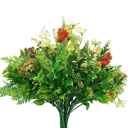 WAKISAKI 9-Bundle Multi-Species Realistische Kunstpflanzen Künstliche Blumen für den Außenbereich Pflanzgefäße Fake Mums für Draußen, UV-beständig für jedes Wetter (Orange & Gelb, 9) von WAKISAKI