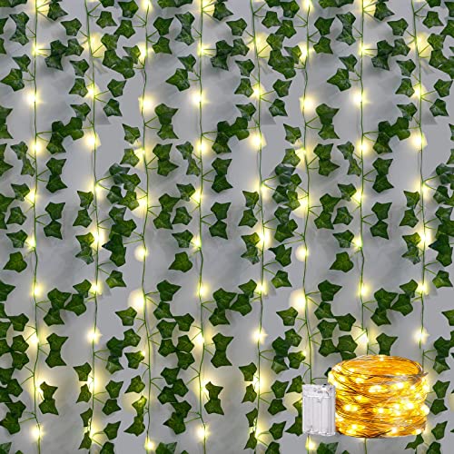 Künstliche Efeu-Pflanzen, 12 Stück, 25 m, grün, Weinblätter, mit Lichterkette, 20 m, 200 LEDs, für den Außenbereich, Feier, Hochzeit, Küche, Garten, Büro, Hof, Terrasse von WANGDEFU