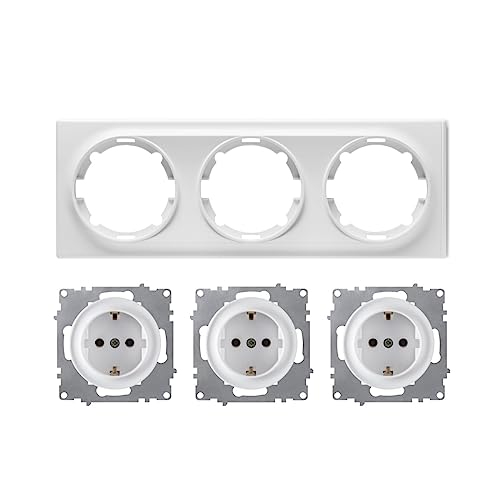 OneKeyElectro Set: 3x Schuko-Steckdose mit Abdeckrahmen 3fach, waagerecht, 230V/16A, Schutzart IP20, gute Wärmebeständigkeit, weiß von WARMON