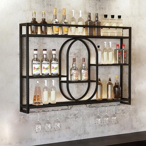 Großes Weinregal Zur Wandmontage,Metall Flaschenregal Mit 3 Ebenen,Multifunktionaler Weinglas-Präsentationsständer,Schwimmregale Mit Stemware Aufhänger,für Küche Esszimmer Bar(Black,100cm/39.4x5.9x31. von WAZCSD