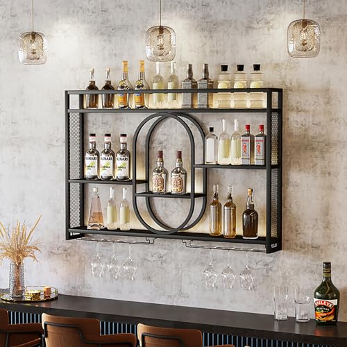 Weinregal Wandmontiert,Moderne Weindisplay Aufbewahrungshalter,Mit Glashalter,Eisenkunst-weinhalter,Mit LED-Leuchten,Weinglasregal,Hängender Stielglashalter,für Zuhause, Restaurant, Bars(Black,140cm/5 von WAZCSD