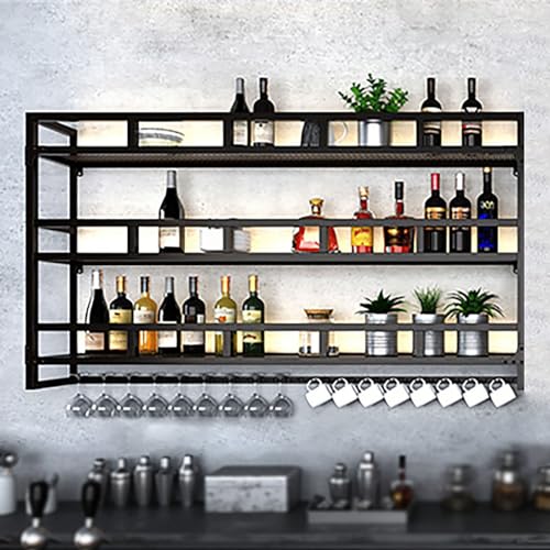 Weinregal Wandmontiert Mit Glashalter,Metall Flaschenregal Mit 3 Ebenen,Multifunktionaler Weinglas-Präsentationsständer,Moderne Weindisplay Aufbewahrungshalter,für Küche Esszimmer Bar(Color:Black,Size von WAZCSD