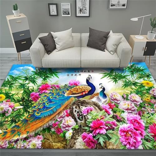 WBDYMX Küchen Teppiche60x110CM Wohnzimmer Teppichboden waschbarer Teppich kinderzimmer Grüner dekorativer Teppich mit klassischem Blumen- und Vogelmuster Farbe von WBDYMX