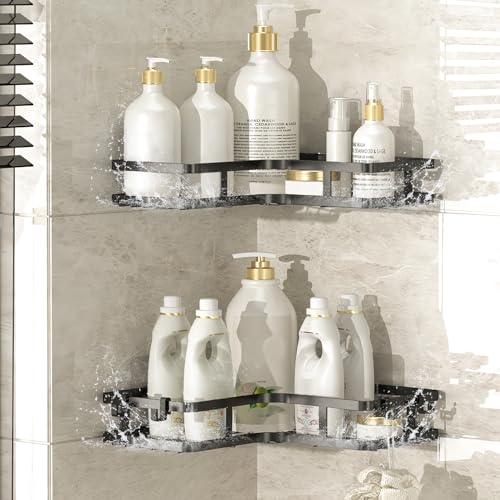 WDJLNZB Duschablage Ohne Bohren, Rostfrei Badezimmer Regal mit Haken, Shower Shelf Organizer, Duschregal Ecke Schwarz, Badezimmer Zubehör für Badezimmer, Küche (schwarz) von WDJLNZB