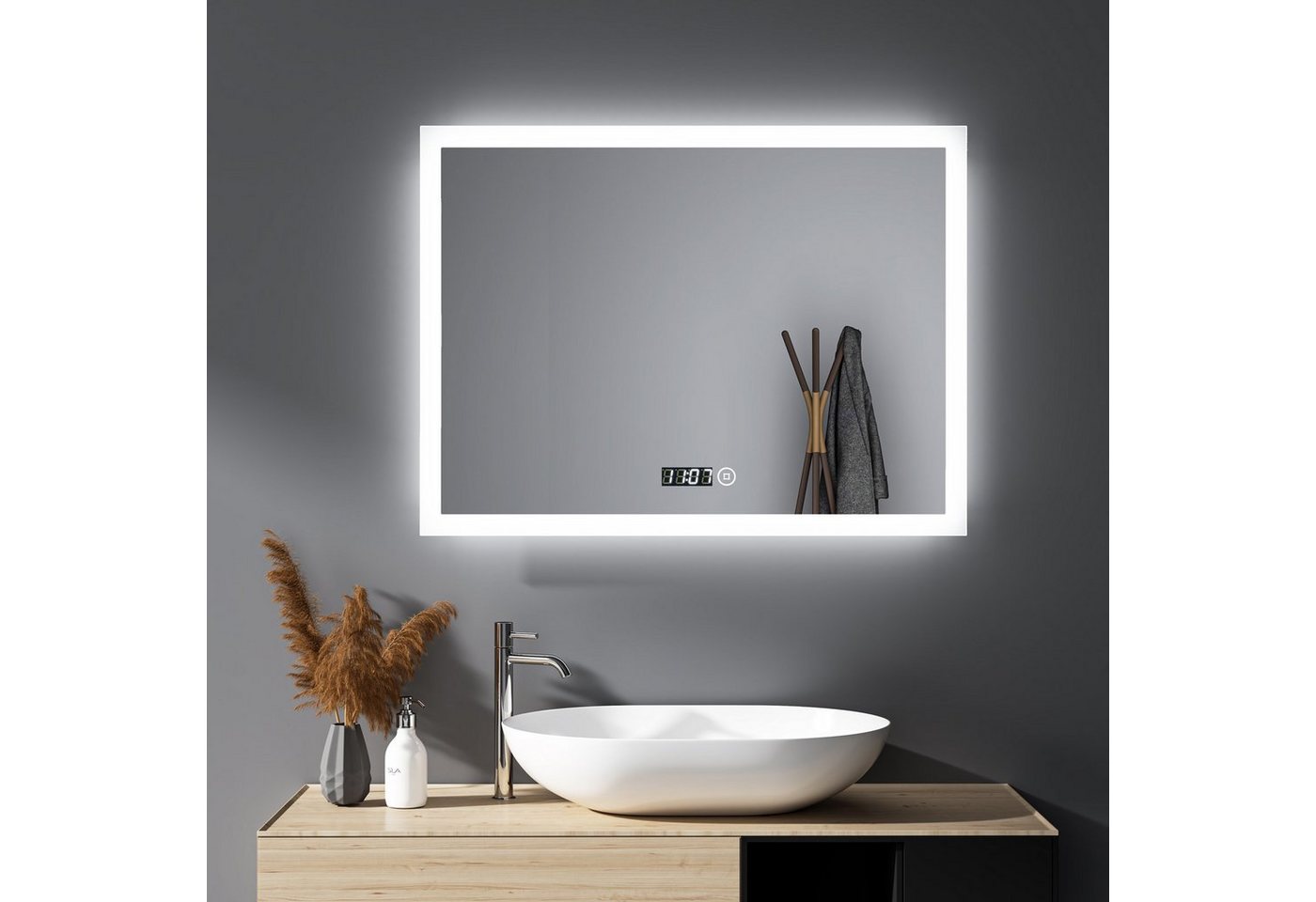 WDWRITTI Badspiegel LED Badspiegel Touch 80x60 Dimmbar Uhr Spiegel Bad mit beleuchtung (Wandspiegel 3Lichtfarben, Kaltweiß/Neutral/Warmweiß), Memory Funktion von WDWRITTI
