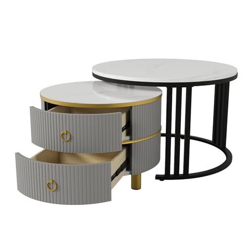 2-in-1 runder Couchtisch mit glänzender Oberfläche und Marmormuster, Beistelltisch-Kombination mit 2 Schubladen und Metallrahmen, MDF-Holzstruktur, modernem Design für Wohnzimmer,Büro,Balkon (Grau) 2-in-1 runder Couchtisch mit glänzender Oberfläche und Marmormuster, Beistelltisch-Kombination mit 2 Schubladen und Metallrahmen, MDF-Holzstruktur, modernem Design für Wohnzimmer,Büro,Balkon (Grau) von WEALTHKING