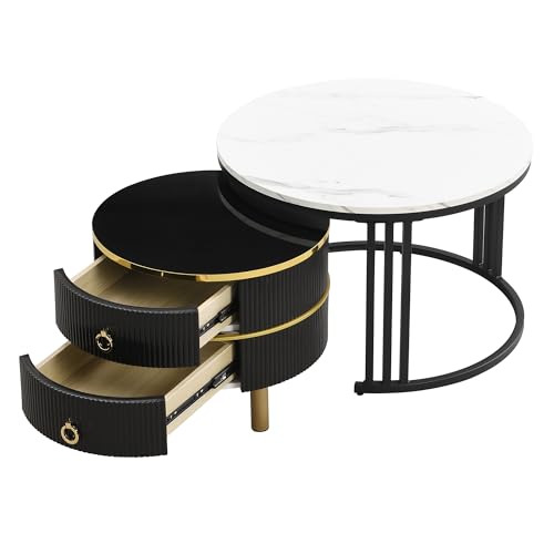 2-in-1 runder Couchtisch mit glänzender Oberfläche und Marmormuster, Beistelltisch-Kombination mit 2 Schubladen und Metallrahmen, MDF-Holzstruktur, modernem Design für Wohnzimmer,Büro,Balkon (Schwarz) 2-in-1 runder Couchtisch mit glänzender Oberfläche und Marmormuster, Beistelltisch-Kombination mit 2 Schubladen und Metallrahmen, MDF-Holzstruktur, modernem Design für Wohnzimmer,Büro,Balkon (Schwarz) von WEALTHKING