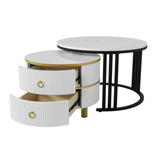 2-in-1 runder Couchtisch mit glänzender Oberfläche und Marmormuster, Beistelltisch-Kombination mit 2 Schubladen und Metallrahmen, MDF-Holzstruktur, modernem Design für Wohnzimmer,Büro,Balkon (Weiß) 2-in-1 runder Couchtisch mit glänzender Oberfläche und Marmormuster, Beistelltisch-Kombination mit 2 Schubladen und Metallrahmen, MDF-Holzstruktur, modernem Design für Wohnzimmer,Büro,Balkon (Weiß) von WEALTHKING