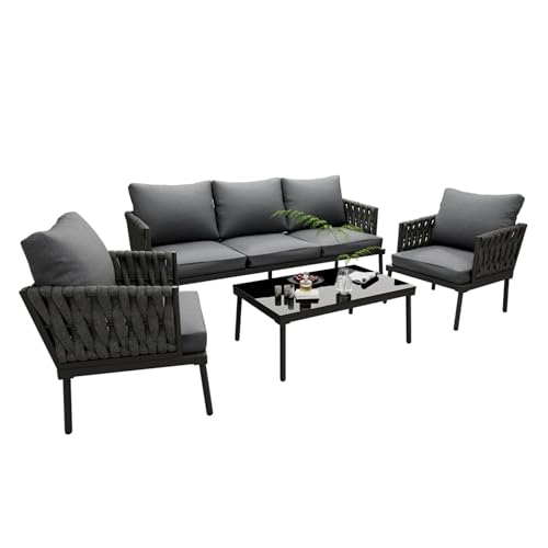 Gartenmöbel Lounge Set 4-teilig mit 3-Sitzer Sofa, zwei Sesseln, Couchtisch aus gehärtetem Glas, verzinktem Stahlrahmen, handgewebte Seilarmlehnen, wasserabweisende Polyesterkissen, UV-beständig Gartenmöbel Lounge Set 4-teilig mit 3-Sitzer Sofa, zwei Sesseln, Couchtisch aus gehärtetem Glas, verzinktem Stahlrahmen, handgewebte Seilarmlehnen, wasserabweisende Polyesterkissen, UV-beständig von WEALTHKING