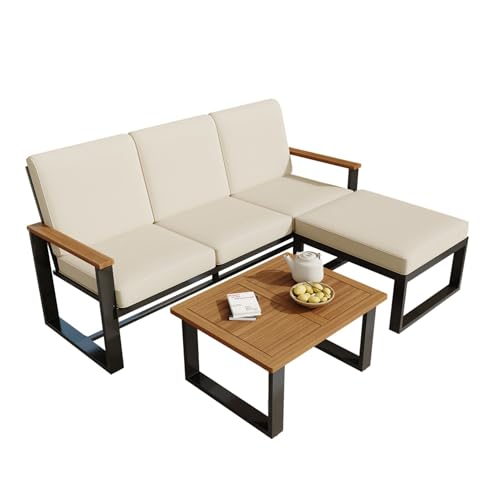 Gartenmöbel Set 4-teilig mit Ecksofa Couchtisch und Hocker aus verzinktem Stahlrahmen und Akazienholz Tischplatte, wetterfeste Polsterung mit hoher Rückenlehne für Balkon Terrasse Outdoor Sitzgruppe Gartenmöbel Set 4-teilig mit Ecksofa Couchtisch und Hocker aus verzinktem Stahlrahmen und Akazienholz Tischplatte, wetterfeste Polsterung mit hoher Rückenlehne für Balkon Terrasse Outdoor Sitzgruppe von WEALTHKING