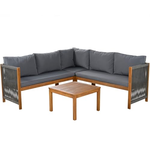 Gartenmöbel Set Ecksofa mit Couchtisch aus massivem Akazienholz wetterfestes Loungesofa mit handgeflochtenem Seil,komfortable Polsterung aus Polyester PP Baumwolle Schaumstoff UV-beständig formstabil Gartenmöbel Set Ecksofa mit Couchtisch aus massivem Akazienholz wetterfestes Loungesofa mit handgeflochtenem Seil,komfortable Polsterung aus Polyester PP Baumwolle Schaumstoff UV-beständig formstabil von WEALTHKING