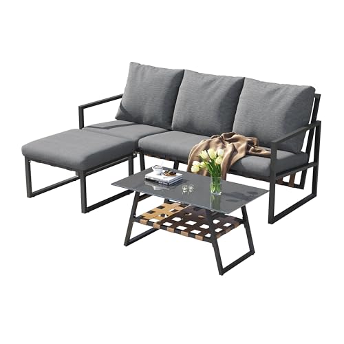 Gartenmöbel Set aus verzinktem Stahlrohr mit Sofa, Fußhocker und Couchtisch, PU-Webrückenlehne, gehärtete Glasplatte, hohe Rückenlehne, dick gepolsterte Sitzfläche, wetterfest, rostbeständig Gartenmöbel Set aus verzinktem Stahlrohr mit Sofa, Fußhocker und Couchtisch, PU-Webrückenlehne, gehärtete Glasplatte, hohe Rückenlehne, dick gepolsterte Sitzfläche, wetterfest, rostbeständig von WEALTHKING