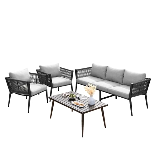 Gartenmöbel Set mit 3-Sitzer Sofa, zwei Sesseln und Couchtisch aus verzinktem Stahl, wetterbeständig, mit handgeflochtenen Seilarmlehnen, gepolsterten Kissen, Anti-Rutsch-System, UV-beständig Gartenmöbel Set mit 3-Sitzer Sofa, zwei Sesseln und Couchtisch aus verzinktem Stahl, wetterbeständig, mit handgeflochtenen Seilarmlehnen, gepolsterten Kissen, Anti-Rutsch-System, UV-beständig von WEALTHKING