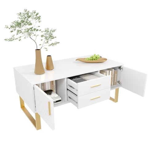 Moderner Couchtisch mit Hochglanz-Oberfläche, goldfarbenen Griffen und Beinen, Zwei Schubladen, Zwei Türen, strukturierten Frontverkleidungen, großem Stauraum, MDF-Holz, rechteckige Form, Moderner Couchtisch mit Hochglanz-Oberfläche, goldfarbenen Griffen und Beinen, Zwei Schubladen, Zwei Türen, strukturierten Frontverkleidungen, großem Stauraum, MDF-Holz, rechteckige Form, von WEALTHKING
