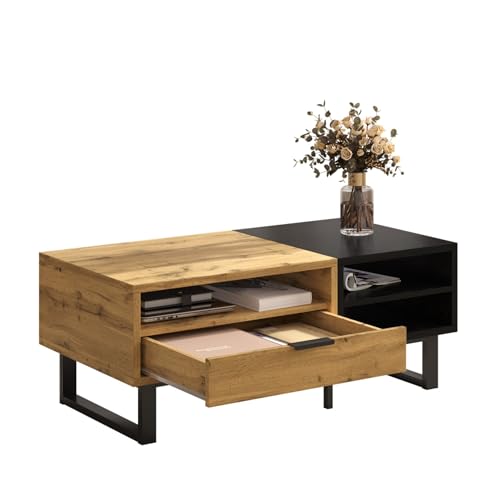 Moderner Couchtisch mit offener Ablage und Schublade, Wohnzimmertisch mit klaren Linien, Metallgestell, Holznachbildung, rechteckige Tischplatte, Stauraum für Bücher, Zeitschriften, Dekoration Moderner Couchtisch mit offener Ablage und Schublade, Wohnzimmertisch mit klaren Linien, Metallgestell, Holznachbildung, rechteckige Tischplatte, Stauraum für Bücher, Zeitschriften, Dekoration von WEALTHKING