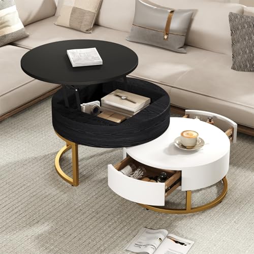 Moderner runder Couchtisch mit Hochklappfunktion,Satztisch Set 2-teilig mit großem Stauraum,Schubladenbeistelltisch aus MDF mit Metallrahmen,Wohnzimmertisch höhenverstellbar (Weiß+Holzfarbe+Schwarz) Moderner runder Couchtisch mit Hochklappfunktion,Satztisch Set 2-teilig mit großem Stauraum,Schubladenbeistelltisch aus MDF mit Metallrahmen,Wohnzimmertisch höhenverstellbar (Weiß+Holzfarbe+Schwarz) von WEALTHKING