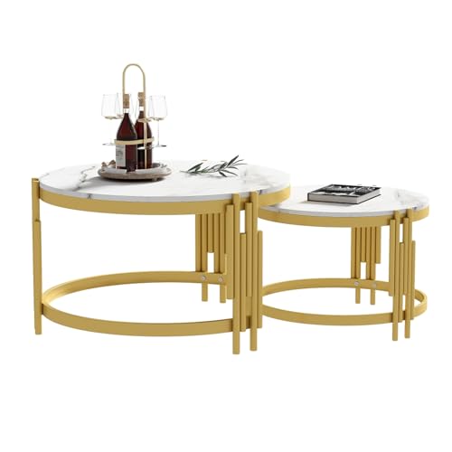 Modernes Couchtisch-Set mit runder Marmoroptik-Oberfläche, verschachtelbares Design für flexible Raumnutzung, stabiler Metallrahmen mit kunstvollen Tischbeinen, perfekt für stilvolle Einrichtung Modernes Couchtisch-Set mit runder Marmoroptik-Oberfläche, verschachtelbares Design für flexible Raumnutzung, stabiler Metallrahmen mit kunstvollen Tischbeinen, perfekt für stilvolle Einrichtung von WEALTHKING