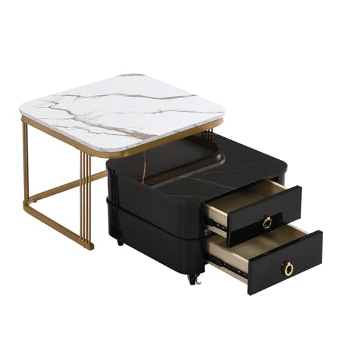 Modernes stapelbares Couchtisch-Set mit Marmoroptik und Glasplatte, Schubladen mit Metallgriffen, drehbaren Rollen, schwarz-graues Beistelltischdesign, modulares 2-in-1 Möbelstück für Wohnzimmer Modernes stapelbares Couchtisch-Set mit Marmoroptik und Glasplatte, Schubladen mit Metallgriffen, drehbaren Rollen, schwarz-graues Beistelltischdesign, modulares 2-in-1 Möbelstück für Wohnzimmer von WEALTHKING