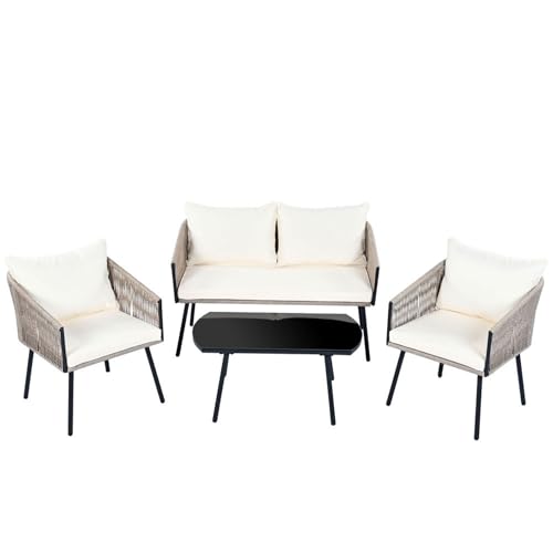 WEALTHKING 4-teiliges Outdoor-Loungemöbel-Set für Garten oder Balkon mit 2-Sitzer-Sofa, Zwei Einzelsesseln, Couchtisch aus gehärtetem Glas, UV-beständigem Polyester, wetterfestem handgewebtem Seil WEALTHKING 4-teiliges Outdoor-Loungemöbel-Set für Garten oder Balkon mit 2-Sitzer-Sofa, Zwei Einzelsesseln, Couchtisch aus gehärtetem Glas, UV-beständigem Polyester, wetterfestem handgewebtem Seil von WEALTHKING