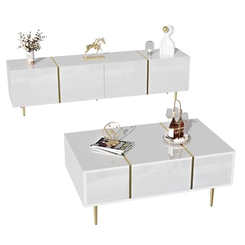 WEALTHKING Modern Hochglanz Wohnwand Set bestehend aus TV-Schrank mit Vier Türen und Couchtisch mit Zwei Schubladen, MDF-Konstruktion, goldene Akzente, Stauraum, robotergeeignet, pflegeleicht (Weiß) WEALTHKING Modern Hochglanz Wohnwand Set bestehend aus TV-Schrank mit Vier Türen und Couchtisch mit Zwei Schubladen, MDF-Konstruktion, goldene Akzente, Stauraum, robotergeeignet, pflegeleicht (Weiß) von WEALTHKING