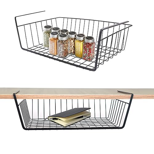 Unterregal Aufbewahrungskorb, 2 Stück Hängekorb Metall Hängekorb Regal Unter Schrank Hängekorb Metall Korb-Organizer Regaleinhängekorb für Küche, Büro, Speisekammer, Bad, Schrank (Schwarz) von WEERSTONE