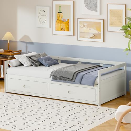 WENCHSH Ausziehbares Einzelbett Jugendbett Kinderbett Massivholzbett Kiefer 90x190 180x190 cm Multifunktionales mit Ausziehbarer Rollbett und 2 Schublade Lattenrost, für 2 Kinder, Weiß von WENCHSH