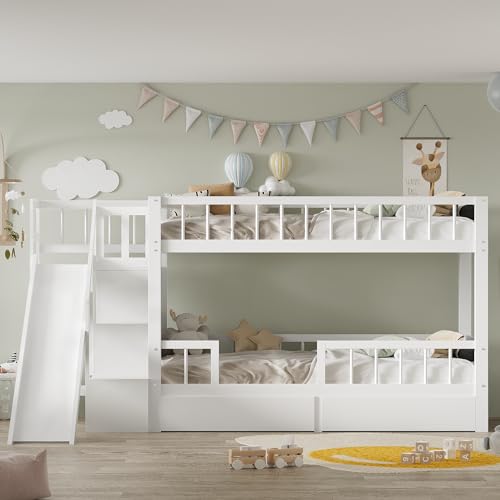 WENCHSH Etagenbett Kinderbett Hochbett 90x200 cm für 2 Kinder mit Stauraumtreppe und Rutsche Sicherheitszaun, Unter dem Bett mit Schubladen, Holz Lattenrost, Massivholz, Weiß (Weiß mit 2 Lattenrost) von WENCHSH