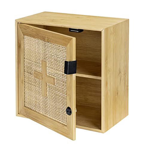 WENKO Medikamentenschrank Allegre, abschließbares Schränkchen zum Aufbewahren von Medikamenten aus Bambus und Rattangeflecht im Boho-Style, inklusive Befestigungsmaterial, 30 x 30 x 17,8, Natur von WENKO