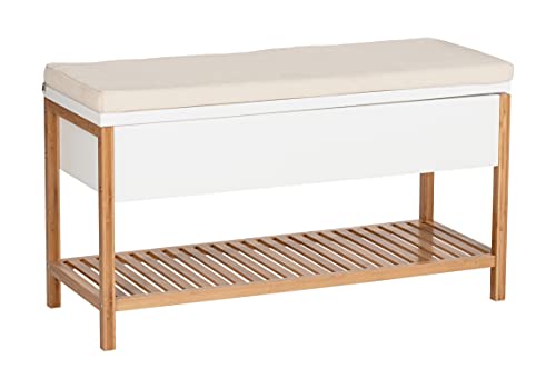 WENKO Schuhbank mit Staufach Finja, Sitzbank mit Sitzpolster, Stauraum und Schuhablage im Scandi Chic, Deckel aufklappbar, aus hochwertigem, nachhaltigem Bambus kombiniert mit MDF, 90 x 52 x 35 cm von WENKO