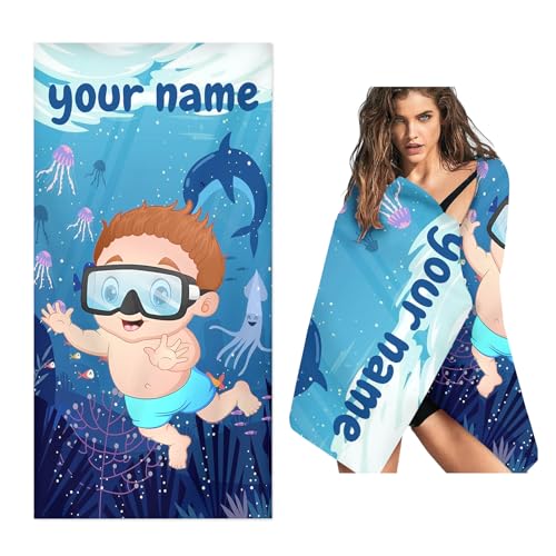 WEQEER Personalisiertes Strandtuch Badetuch mit Namen, Unter dem Meer personalisiertes Handtuch, Personalisiertes Tauchen Thema Mikrofaser Strandtuch für Kinder (A,80x160cm) von WEQEER